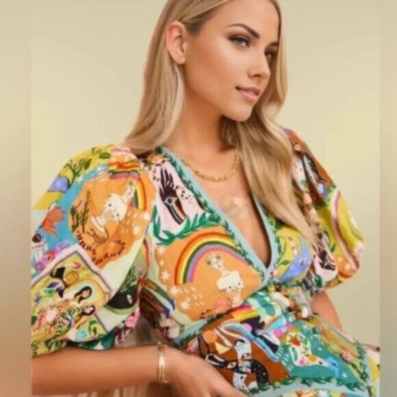 Green Art  Puff Sleeve Corset Linen Abstract Floral A- Line Midi Dress XL - Picture 3 of 16